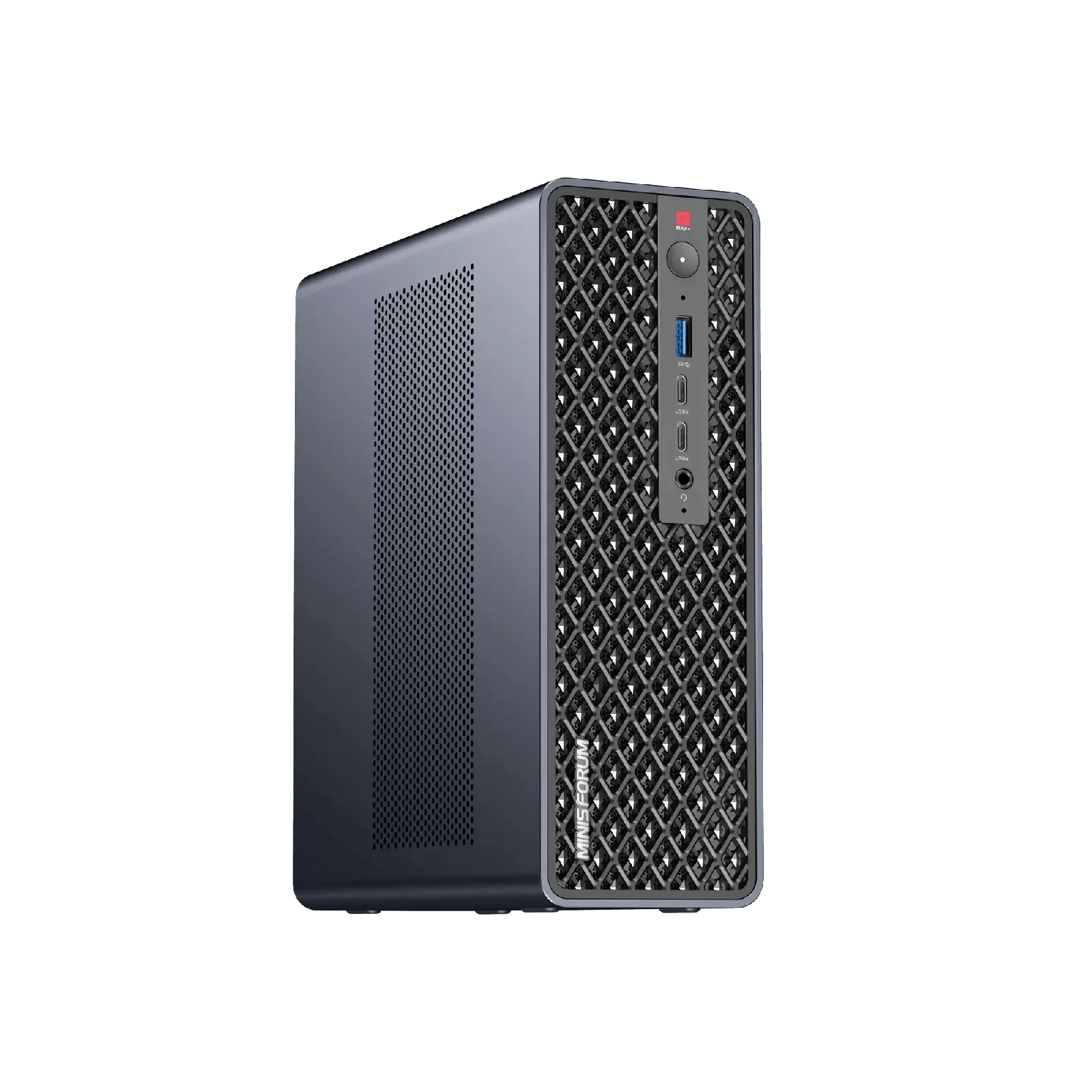 The Minisforum MS-S1 MAX mini workstation with its diamond-mesh front panel