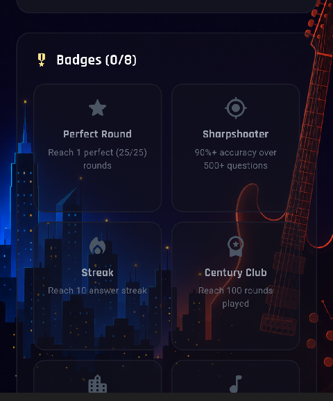 Bandston stats screen showing lifetime accuracy and a badge grid